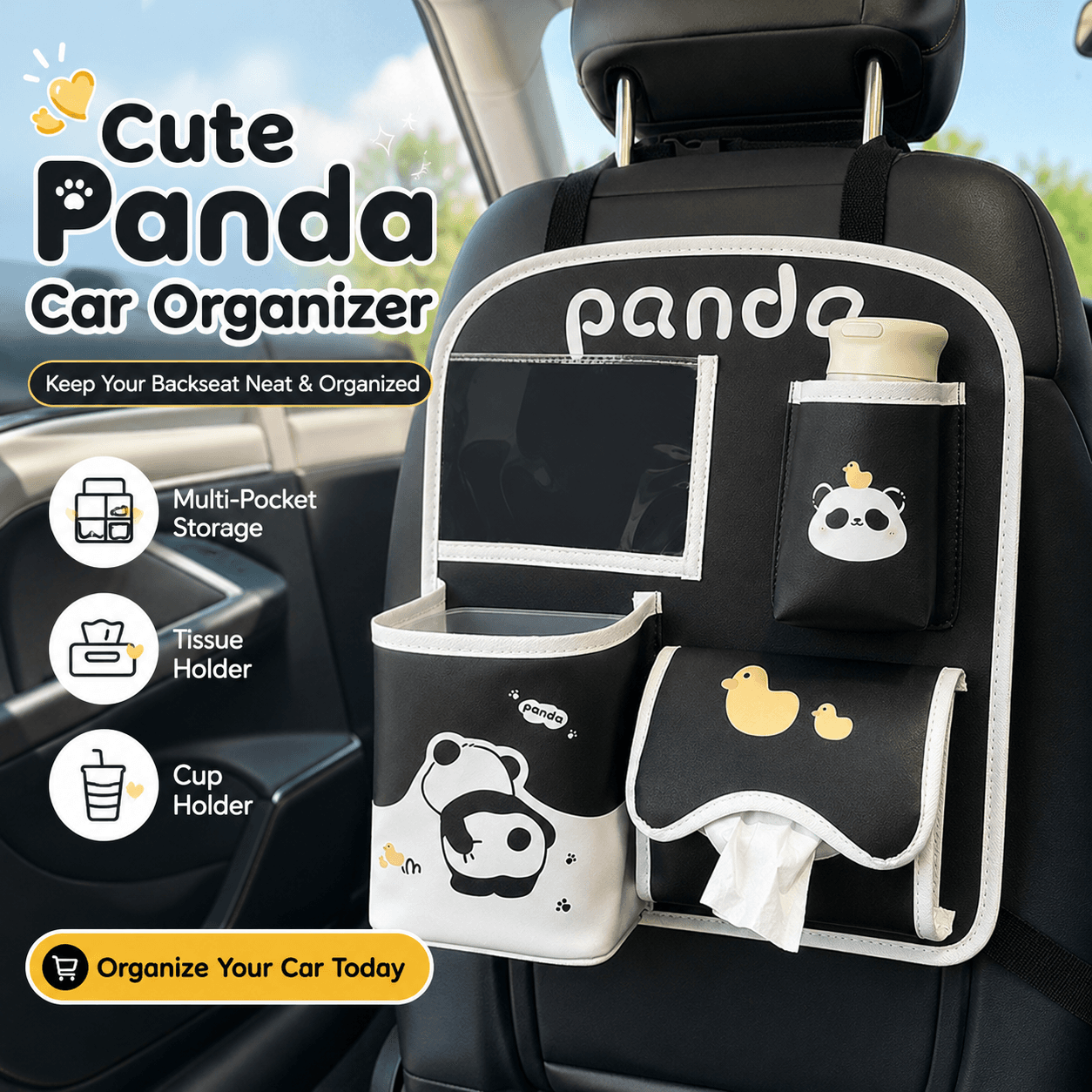 Cute Panda Car Seat Back Organizer