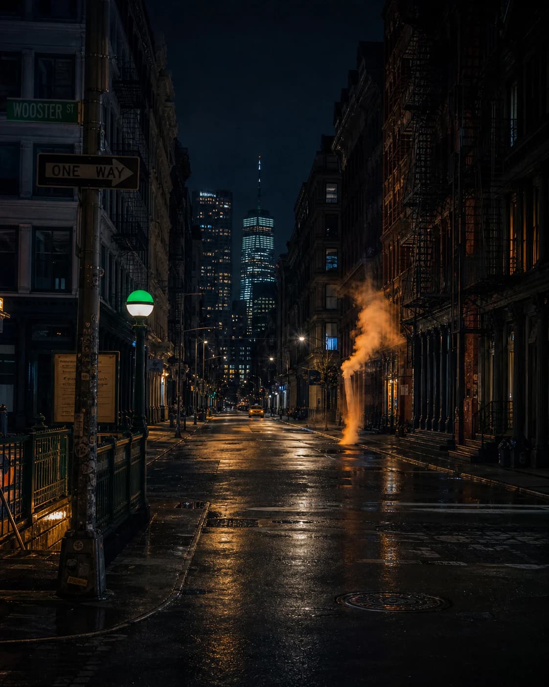 Lower Manhattan between 3 AM and 5 AM with a subway entrance, fire escapes, street steam, a yellow taxi, and One World Trade Center