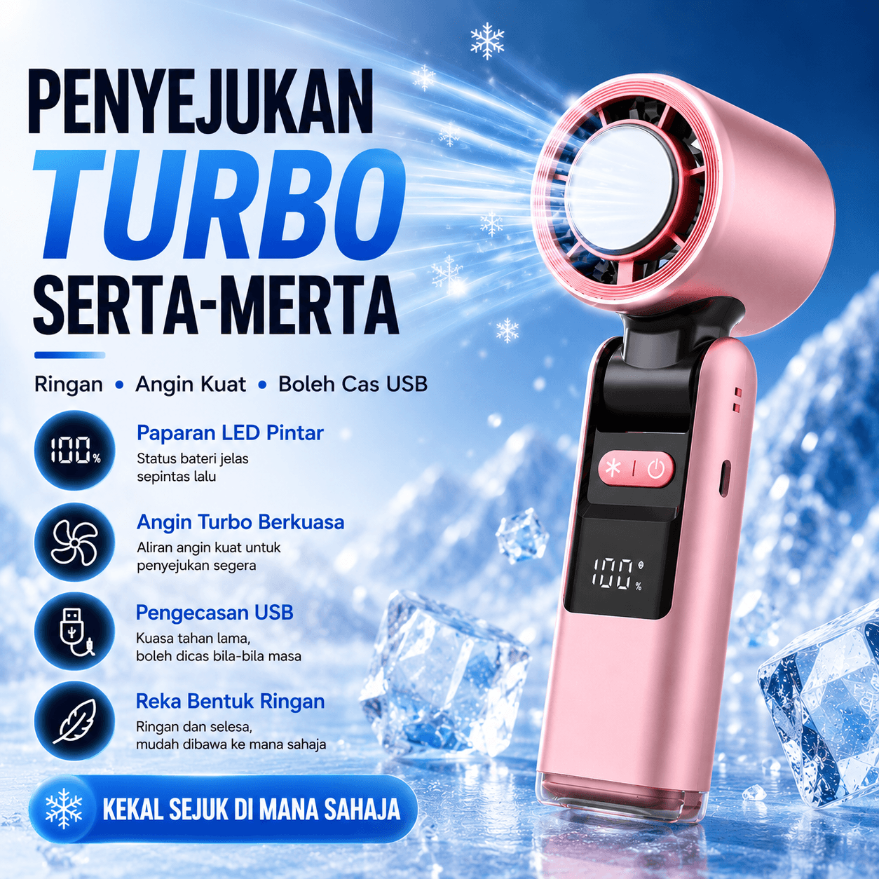 Kipas Tangan Mini Turbo 100 Kelajuan dengan Fungsi Sejuk
