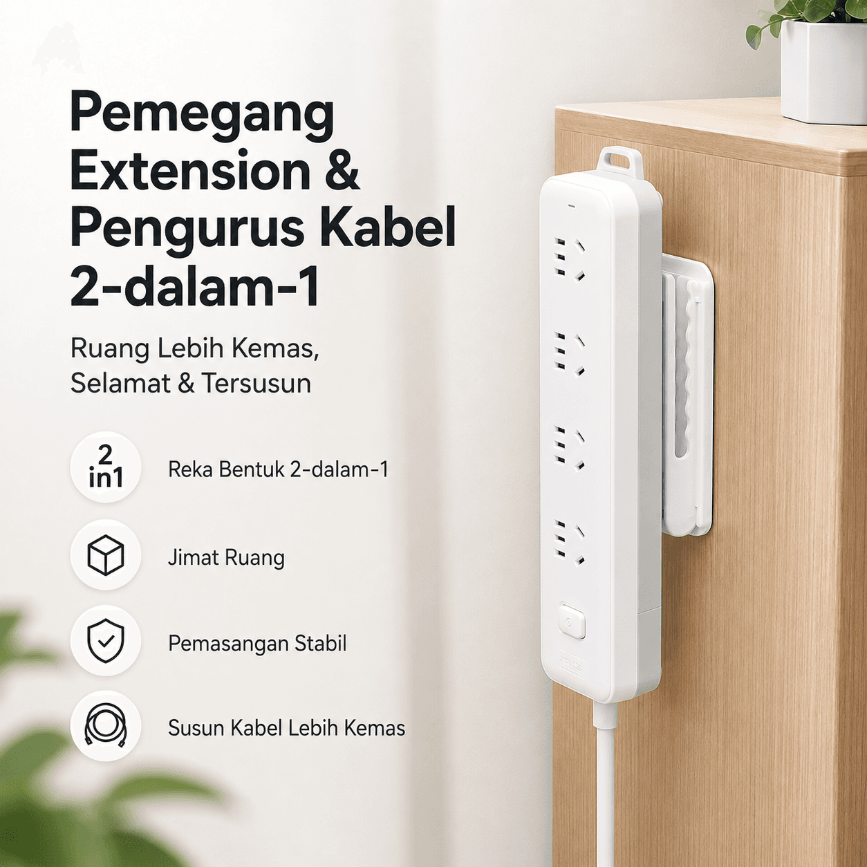 Pemegang Power Strip Dinding Tanpa Tebuk