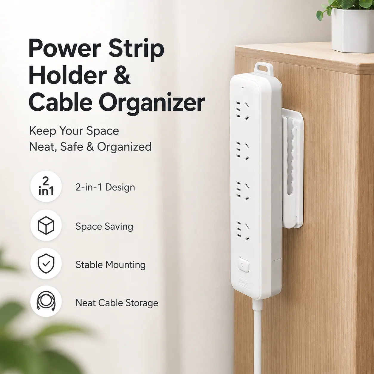 No-Drill Wall-Mounted Power Strip Holder