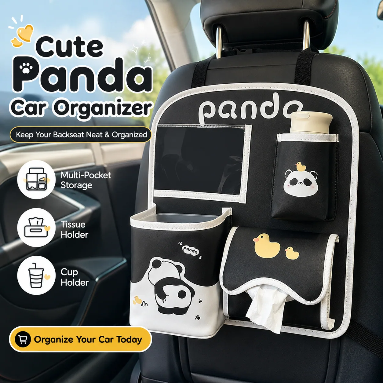 Cute Panda Car Seat Back Organizer